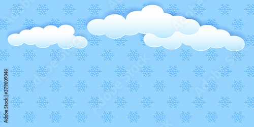 Fototapeta Naklejka Na Ścianę i Meble -  Blue background with snowflakes and white clouds. Paper cut out style and effect of embossed snowflakes. Vector EPS10
