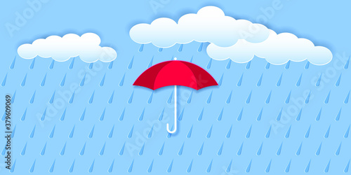 Red umbrella, rain and white clouds. Paper cut out style and effect of embossed snowflakes. Vector EPS10