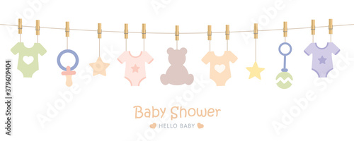 baby shower welcome greeting card for childbirth with hanging utensils vector illustration EPS10