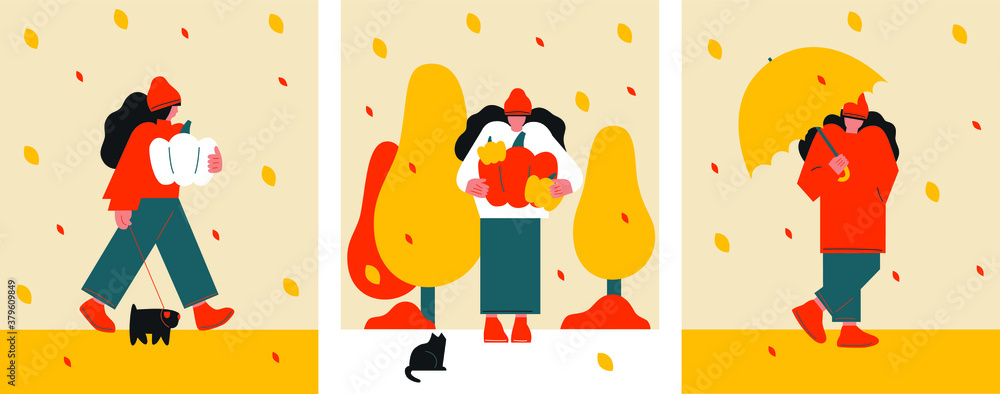 A diverse woman in autumn clothes, under an umbrella, with her beloved pet. Flat style. Beautiful girls are walking in the fresh air. Stylized autumn park. Leaf fall. Black cat. A diverse woman in autumn clothes, under an umbrella, with her beloved pet. Flat style. Beautiful girls are walking in the fresh air. Stylized autumn park. Leaf fall. Black cat.