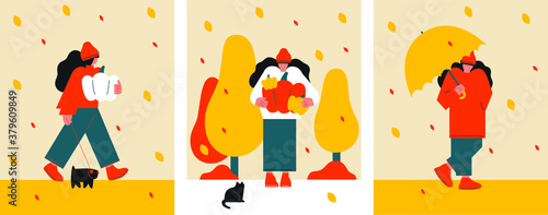 A diverse woman in autumn clothes, under an umbrella, with her beloved pet. Flat style. Beautiful girls are walking in the fresh air. Stylized autumn park. Leaf fall. Black cat. 