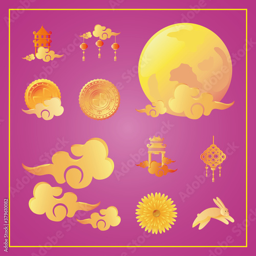 set of icons mid autumn festival or chinese moon festival