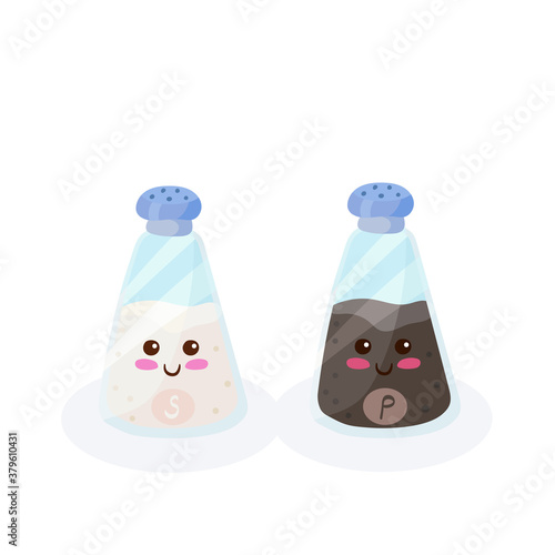 Salt & Pepper in shaker bottles vector illustration isolated on white background. Smiling kawaii food cartoon characters hand drawn sketches for kids menu, poster, banner. Cute doodle in flat style.