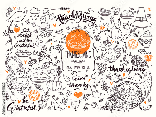 Thanksgiving traditional symbols. Hand drawn doodle style illustrations, handwritten lettering. Isolated vector clipart collection for festive flyer, banner, congratulation card, invitation, poster. © Nubenamo