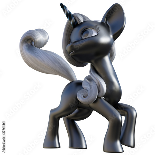 3d Illustration of a cute little silver toon unicorn on a white background.