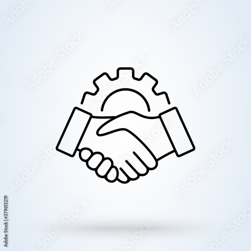 Smart Contract Setup Gear sign line icon or logo. Handshake or part of the square concept. Physical Systems and handshake gear linear illustration.