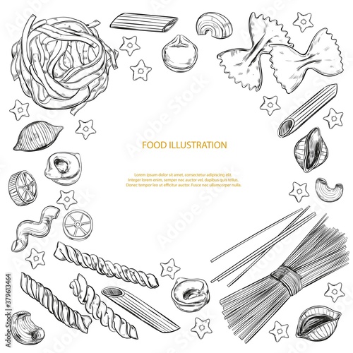 Italian Pasta vector background. Different types of pasta. Vector hand drawn illustration. Sketch style