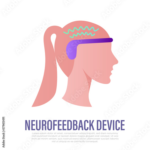 Neurofeedback device on woman's head. Sensor for measurement brain activity at meditation. Flat icon. Vector illustration.