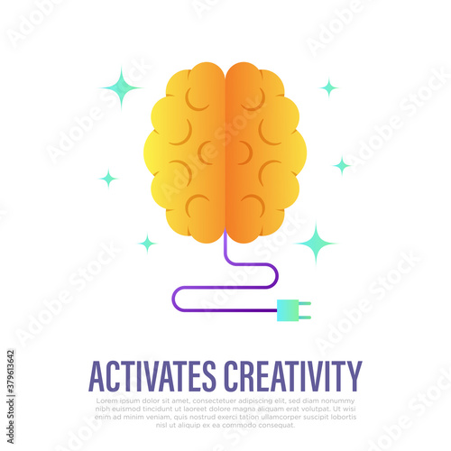 Activate creativity: human brain with plug. Flat gradient style. Education, intelligence, innovation, brainstorm. Vector illustration.