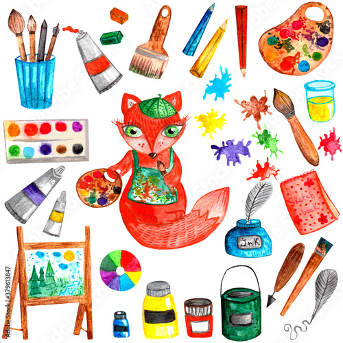  watercolor illustration about artists, paints, brushes, palette, easel, pen, pencils. for children's textiles, wall-paper, prints.