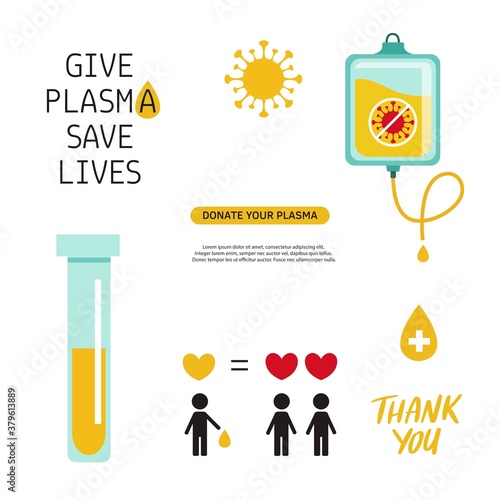 Covid-19, 2019-nCoV virus. Vector Plasma Donation volunteer infographic, symbols, icons. Disease epidemic of pneumonia . Medical laboratory poster, background