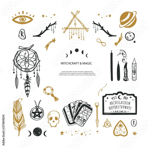Witchcraft, magic background for witches and wizards. Wicca and pagan tradition. Vector vintage collection. Hand drawn elements candles, book of shadows, potion, tarot cards etc.