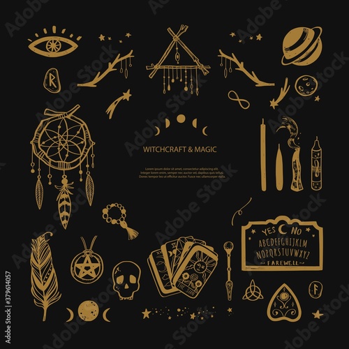 Witchcraft, magic background for witches and wizards. Wicca and pagan tradition. Vector vintage collection. Hand drawn elements candles, book of shadows, potion, tarot cards etc.