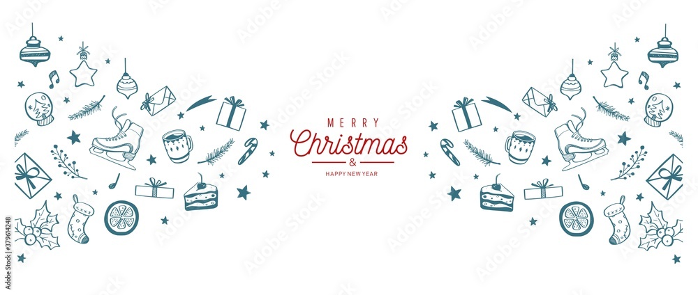 Obraz premium Winter holiday background. Christmas border with festive doodle pattern,