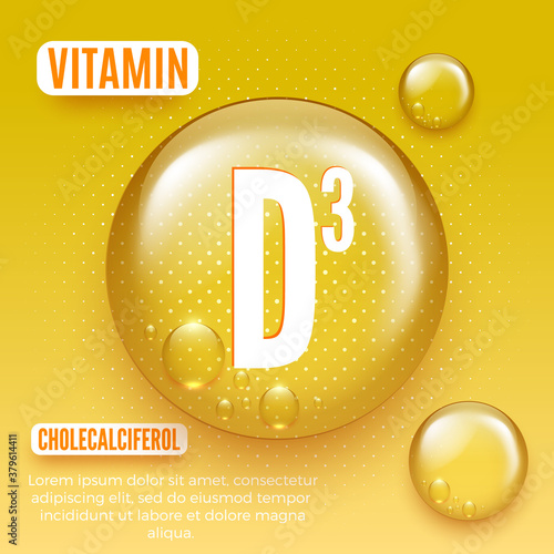 Packaging design for vitamin complex. Vitamin D3 capsule. Shiny golden round oil drop. Vector illustration.
