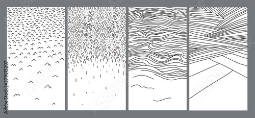Set of trendy templates for social networks and stories with abstract hand drawing doodles resembling farm field, rain, mountains, birds, dunes and waves. Simple and beautiful. Vector eps10