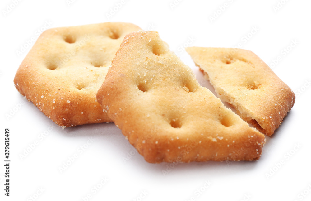 Crispy crackers isolated on white. Delicious snack Crispy crackers isolated on white. Delicious snack