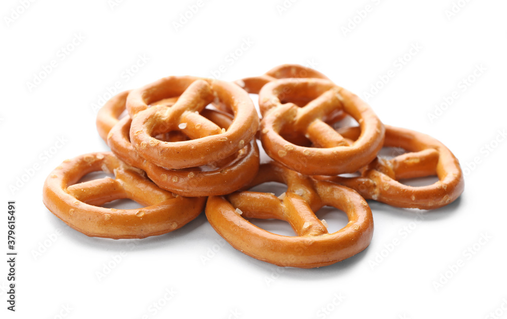 Delicious crispy pretzel crackers isolated on white Delicious crispy pretzel crackers isolated on white