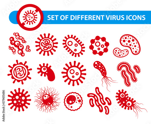 Set of different  types virus icons. (Corona virus -2019-nCoV). Vector viruses, microbes, pathogens, bacteria and germs red symbols. Vector flat style isolated on white background.