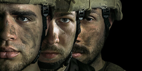 Close up portrait of young male soldiers. Men in military uniform on the war on black background. Depressed and having problems with mental health and emotions, PTSD, rehabilitation. Collage.