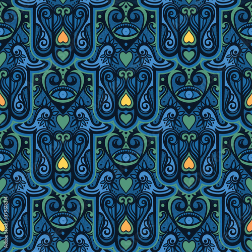 Photography Bohemian seamless ornament with hamsa or hand of Fatima