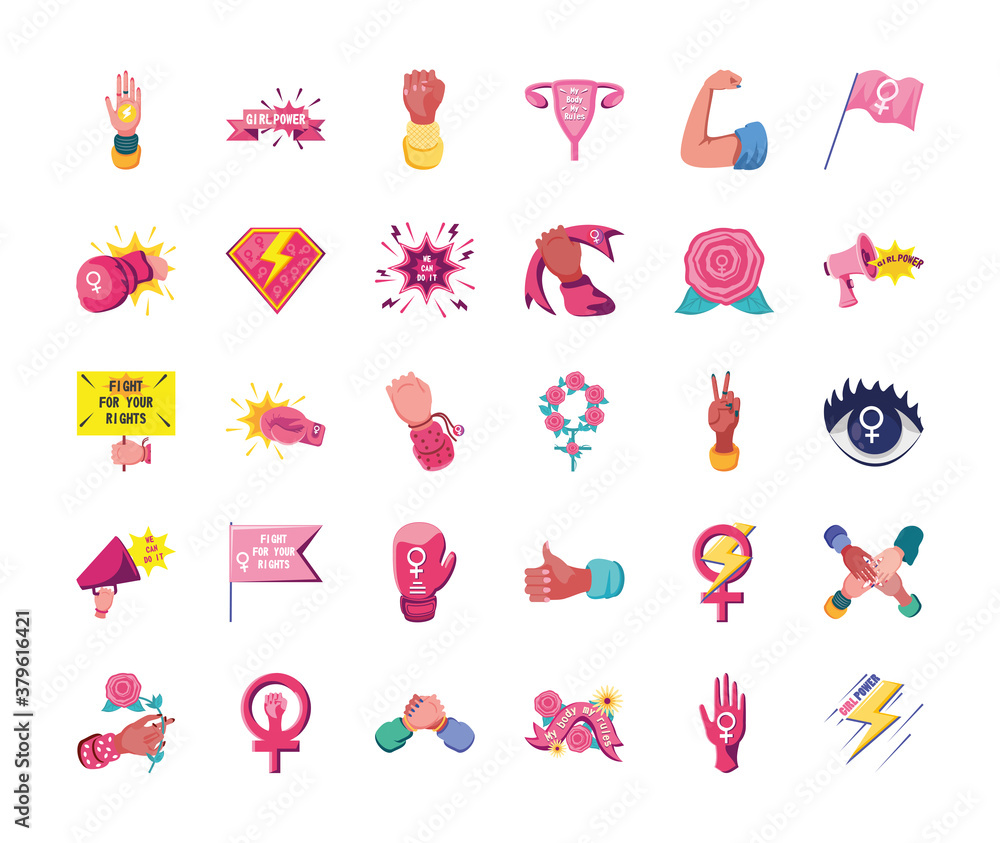 feminism detailed style 30 icon set vector design