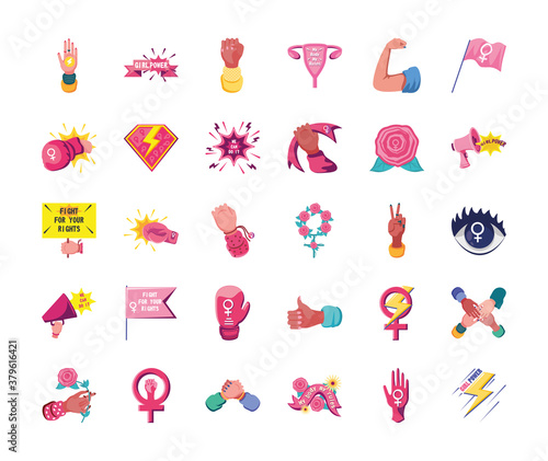 feminism detailed style 30 icon set vector design