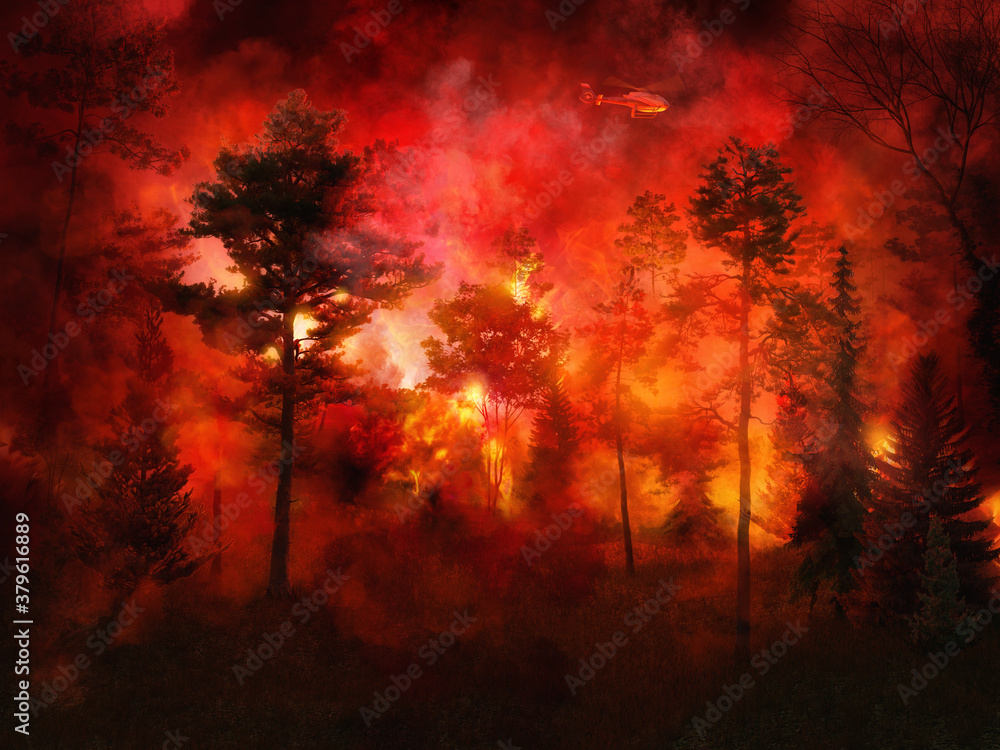 Massive forest fire, intense flames, night bushfires with lot of smoke, aerial firefighting helicopter, colorful flame background. Pine trees, dry grass burned during the dry season. 3D illustration