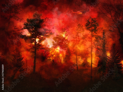 Massive forest fire, intense flames, night bushfires with lot of smoke, aerial firefighting helicopter, colorful flame background. Pine trees, dry grass burned during the dry season. 3D illustration
