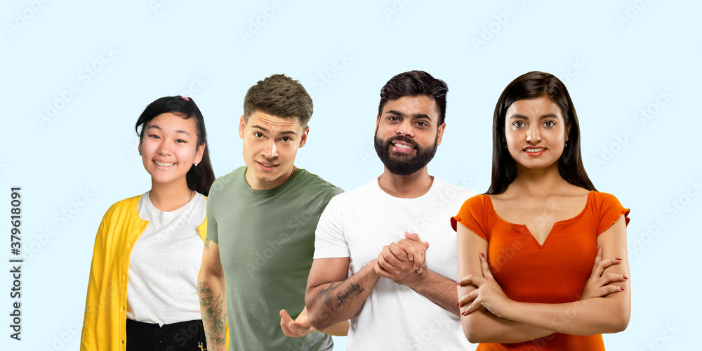 Group portrait of emotional people on blue studio background. Flyer, collage made of 4 models. Concept of human emotions, facial expression, sales, ad. Successful, smiling, delighted, dreamful.