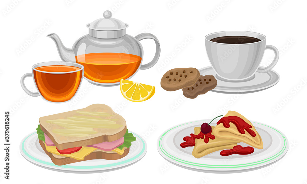 Breakfast with Sandwich, Crepe and Hot Drink in Cup and Kettle Vector Set Breakfast with Sandwich, Crepe and Hot Drink in Cup and Kettle Vector Set