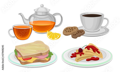 Breakfast with Sandwich, Crepe and Hot Drink in Cup and Kettle Vector Set