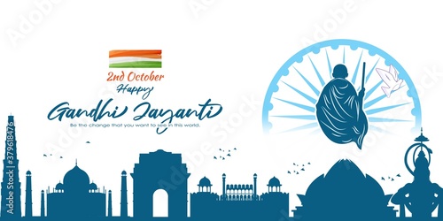Foto Vector illustration of Gandhi Jayanti, Mahatma Gandhi, national holiday of India, 2nd October, india flag, indian monuments silhouette, banner with english text