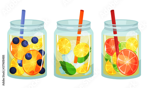 Glass Jars with Refreshing Fruit Water and Straw Vector Set