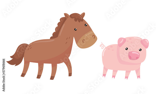 Horse with Mane and Pig as Farm Animal Vector Set