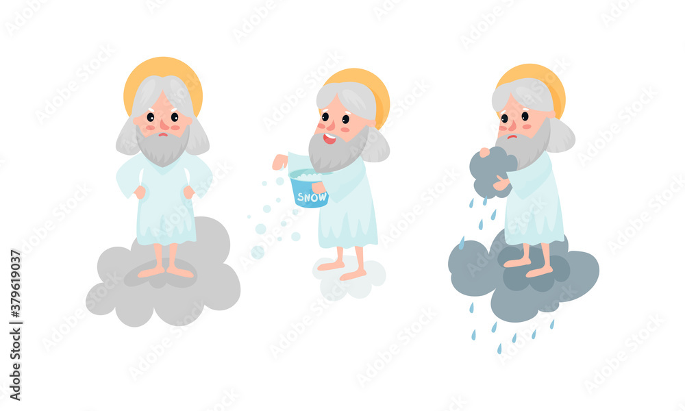 God Character with Nimbus Standing on Cloud Pouring Rain and Snow Vector Illustration Set God Character with Nimbus Standing on Cloud Pouring Rain and Snow Vector Illustration Set