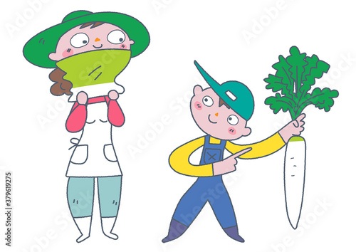 青首大根の真似をする女性と面白がっている子ども　イラスト
