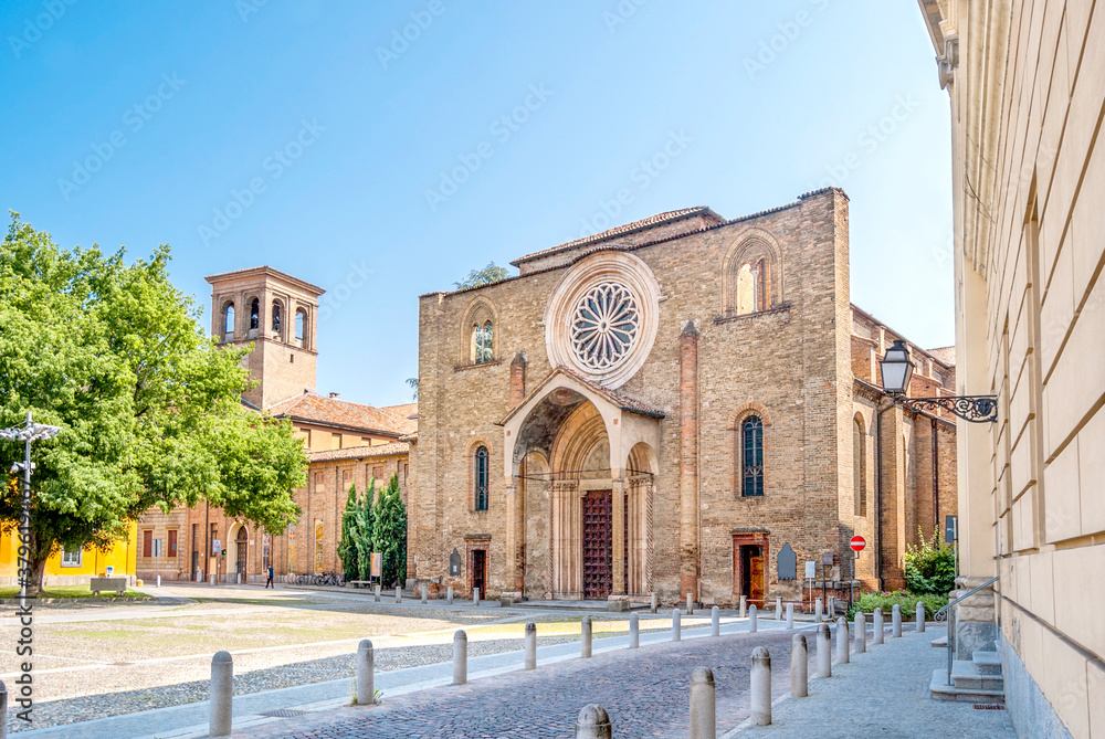 The façade of the church of San Francesco, dating to the late 13th century, built in Romanesque style and surmounted by a large rose window, in Lodi, Lombardy, northern Italy.