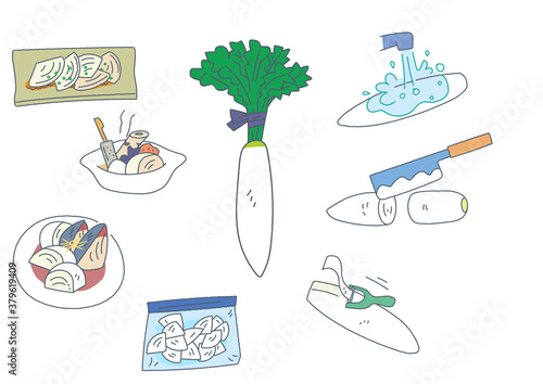 大根と調理、レシピ、保存方法　イラスト　セット
