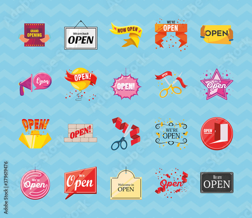 we are open detailed style bundle of icons vector design