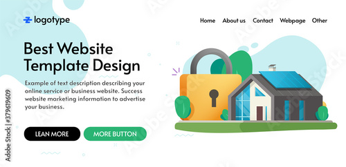 Home and house secure protection insurance concept website template mockup design, internet digital protected with lock security safety system web page banner layout vector flat, smart guard defence