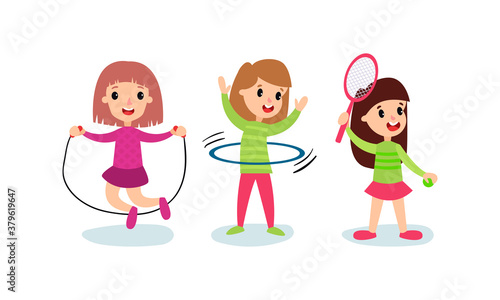 Little Girl Playing Jumping Rope and Playing Tennis Vector Illustration Set