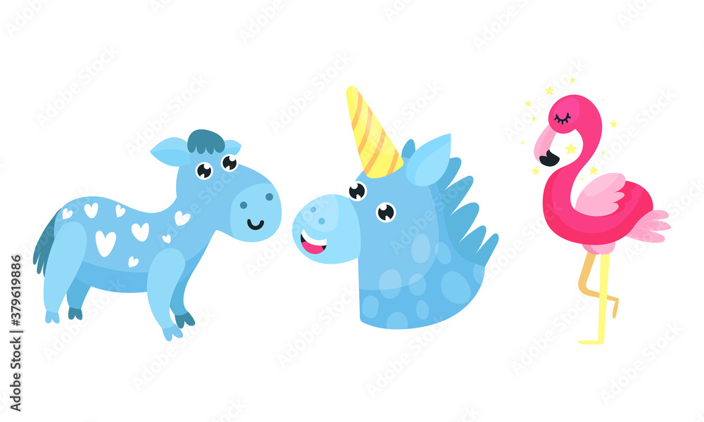 Fairy Unicorn with Horn and Pink Flamingo Bird Vector Set