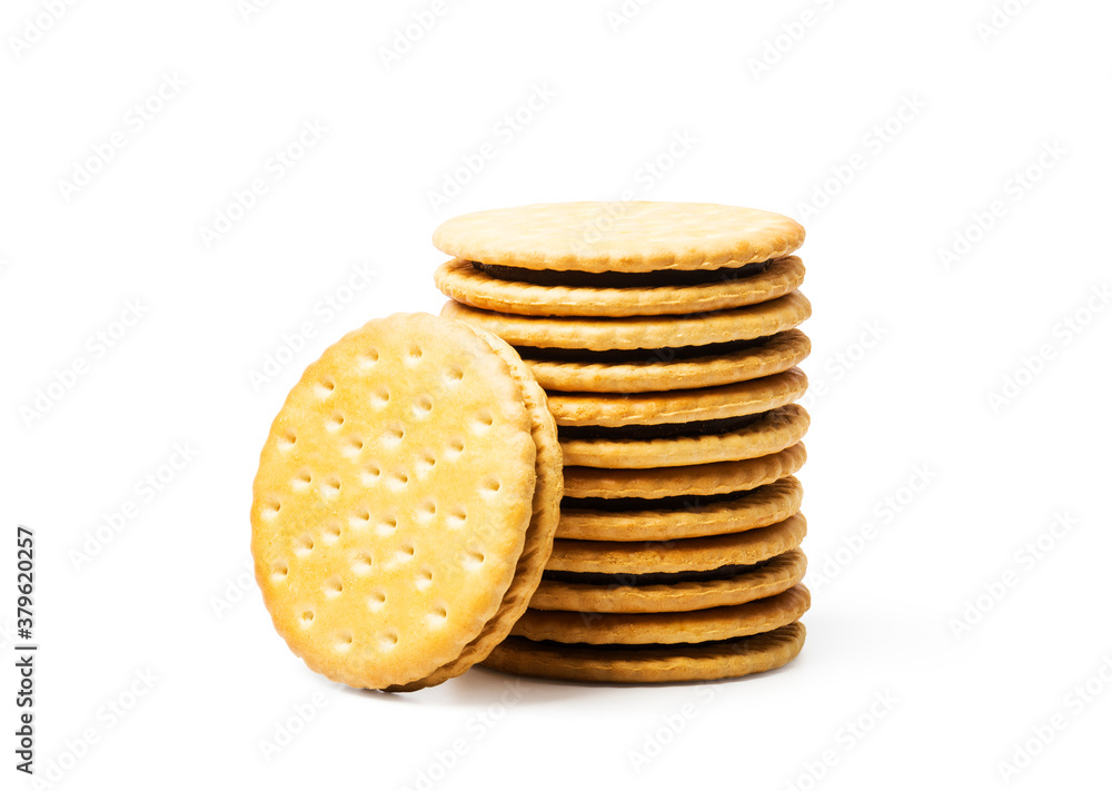 Sandwich biscuits, filled with chocolate, isolated on white background Sandwich biscuits, filled with chocolate, isolated on white background