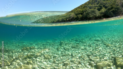 Sea level and underwater photo of beautiful pebble beach of Krovoulia near picturesque village of Frikes  Ithaki island  Ionian  Greece
