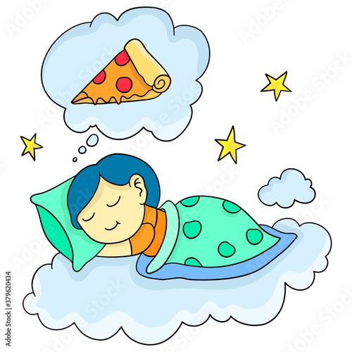 woman sleeps and dreams of a slice of pizza
