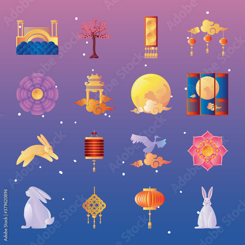 set of icons mid autumn festival