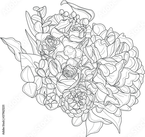 Realistic mix flower bouquet with roses, peony and leafs sketch template. Vector illustration in black and white for games, background, pattern, decor. Print for fabrics. Coloring paper, page, book