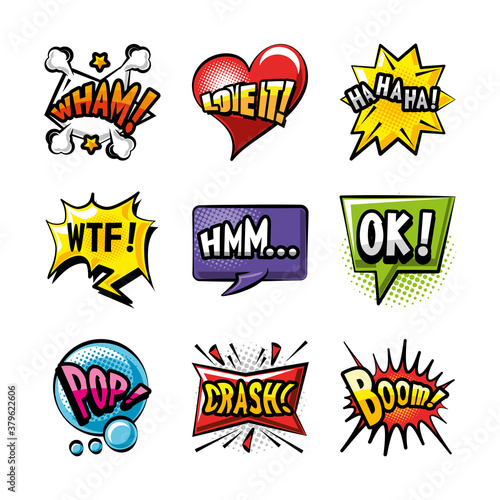 pop art bubbles detailed style icon set vector design