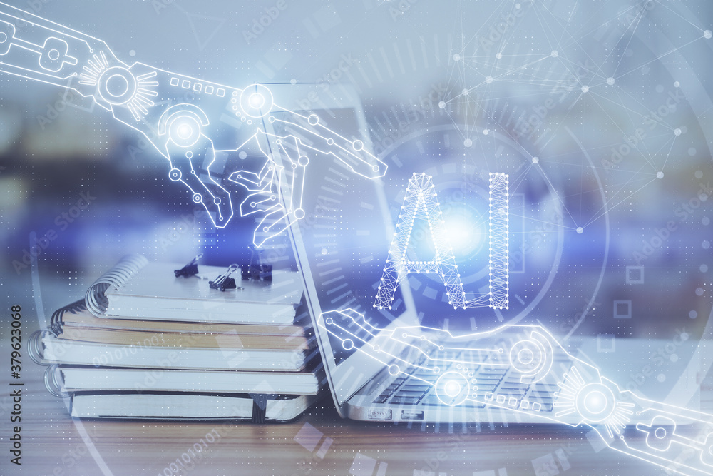 Double exposure of computer and technology theme hud. Concept of innovation. Double exposure of computer and technology theme hud. Concept of innovation.